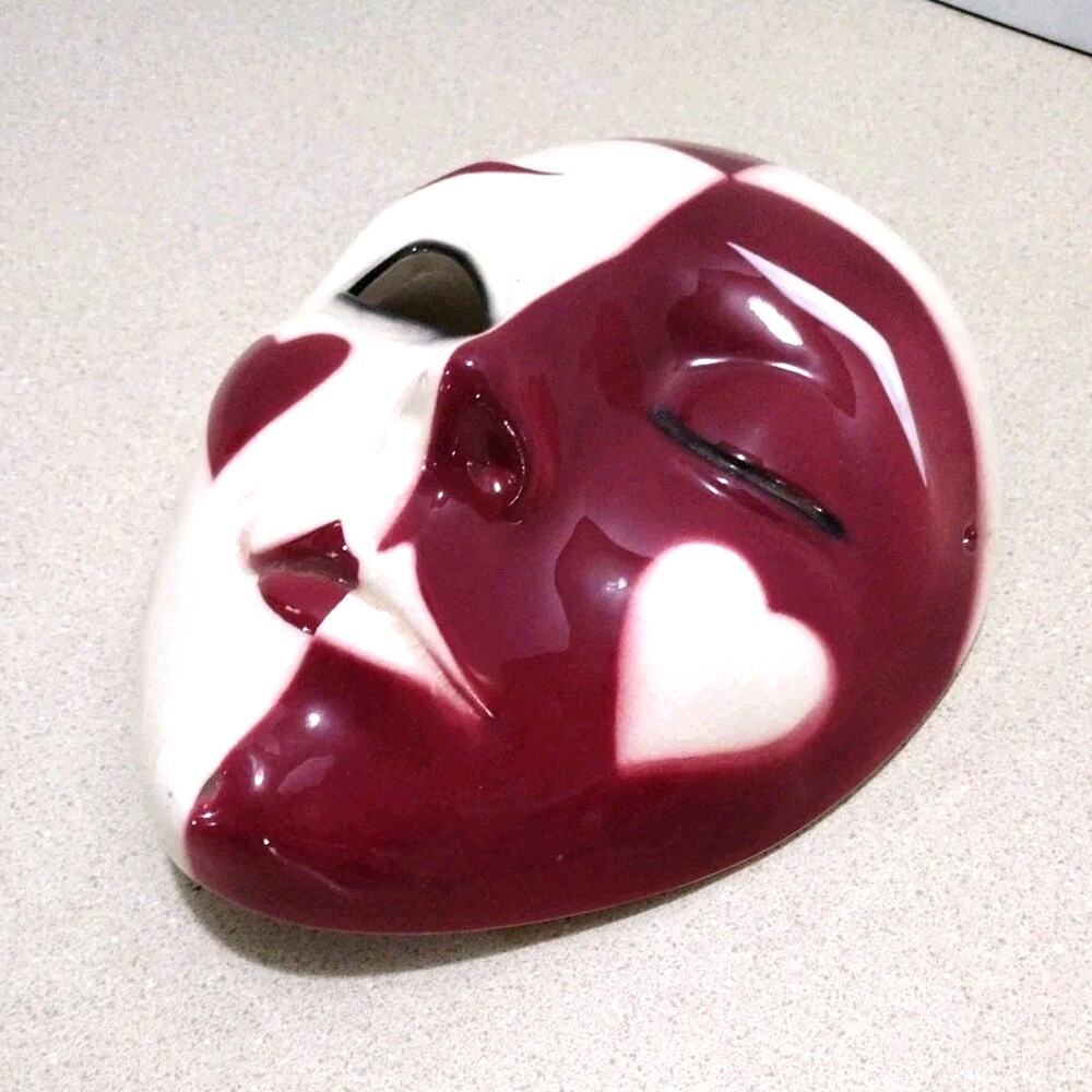 Vintage Clay Art About Face Ceramic Face Mask Red & White Hearts San Francisco